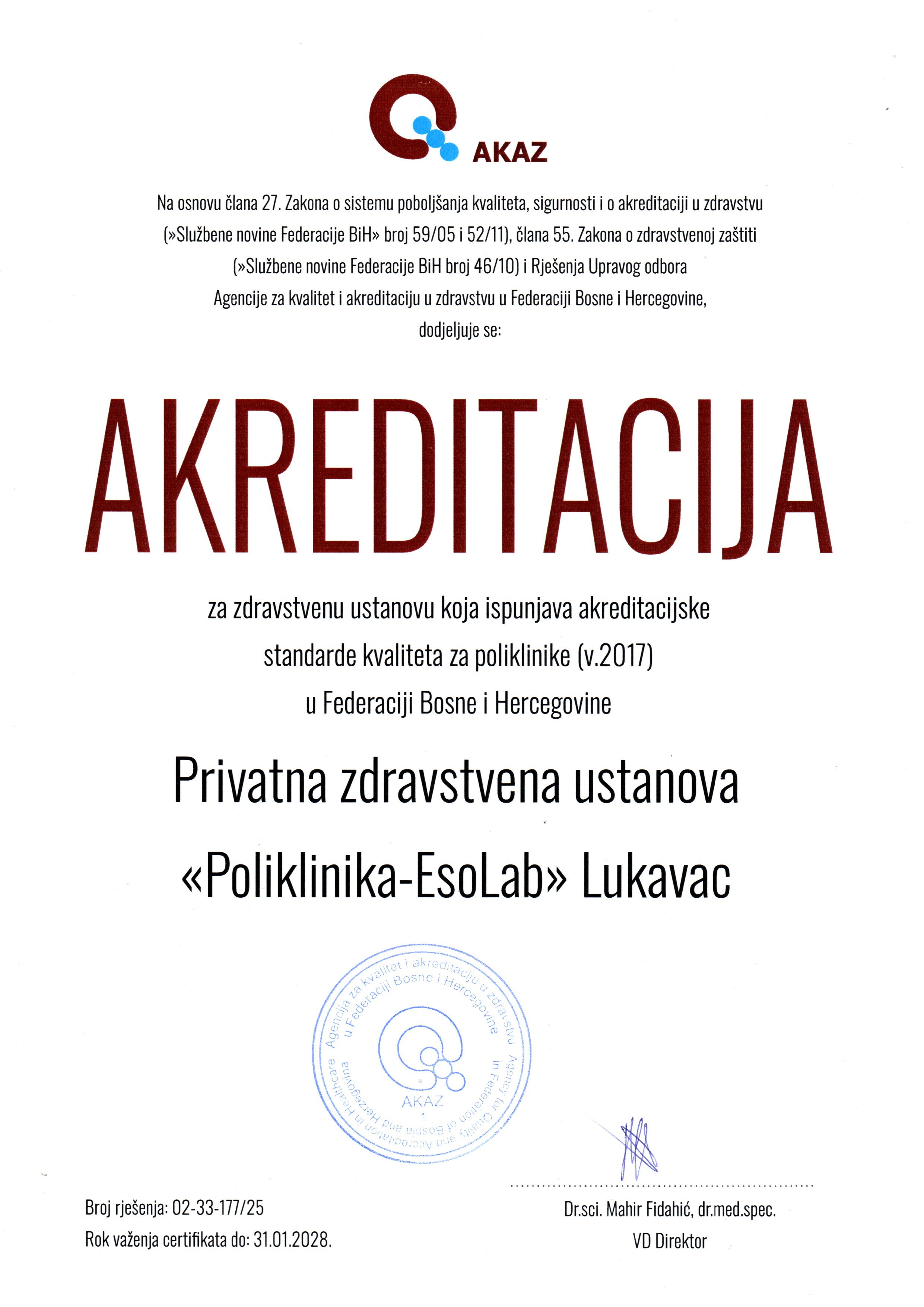 Poliklinika EsoLab Lukavac - AKAZ akreditacija