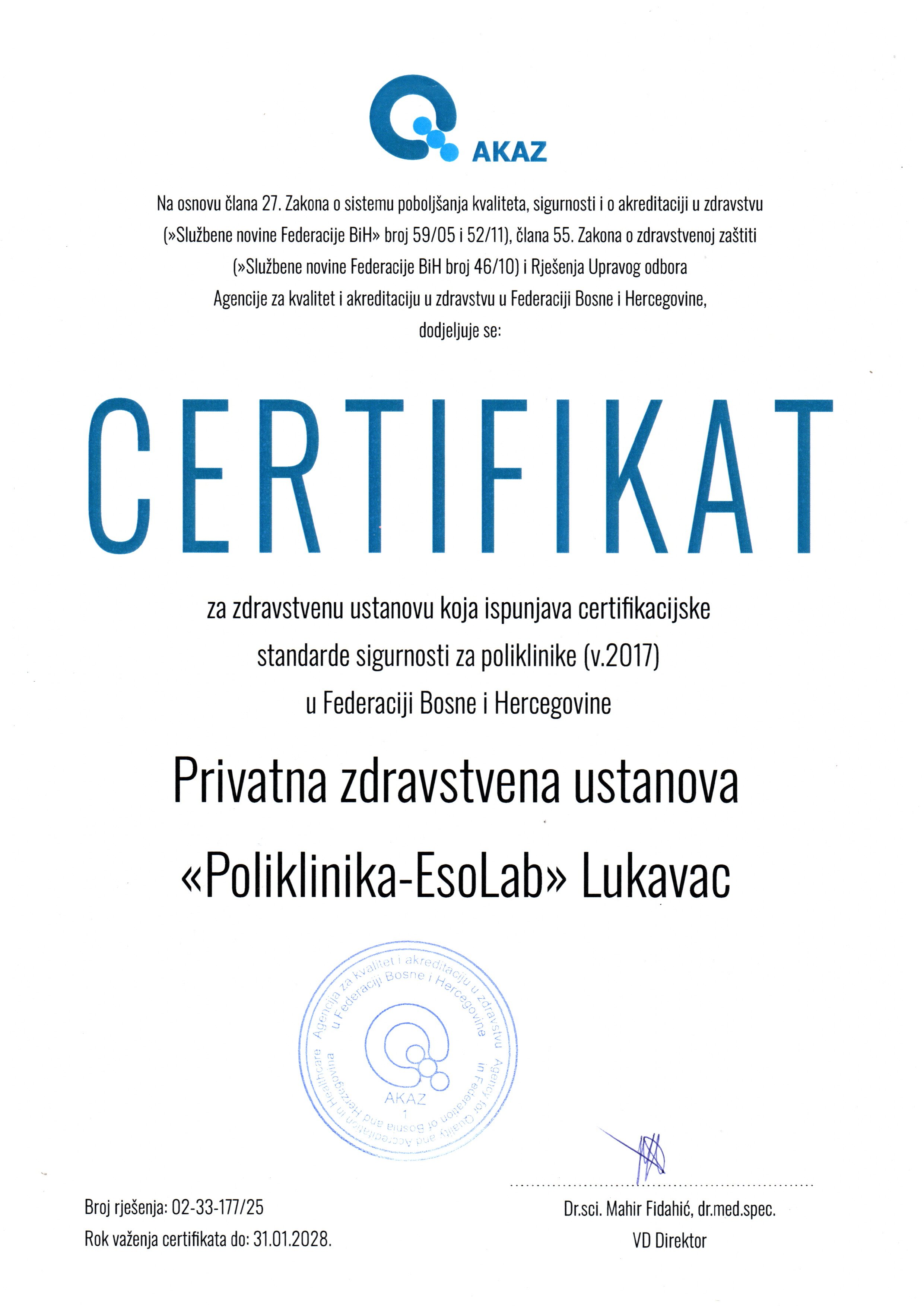 Poliklinika EsoLab Lukavac - AKAZ certifikat